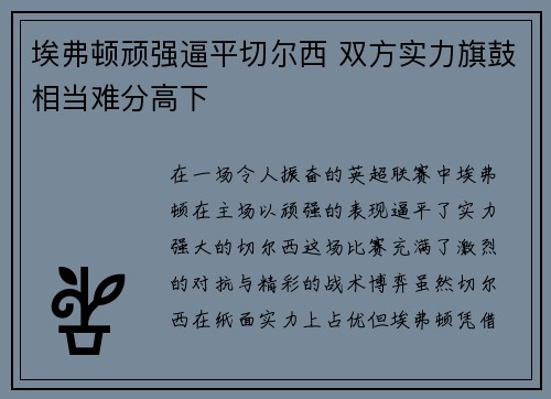 埃弗顿顽强逼平切尔西 双方实力旗鼓相当难分高下