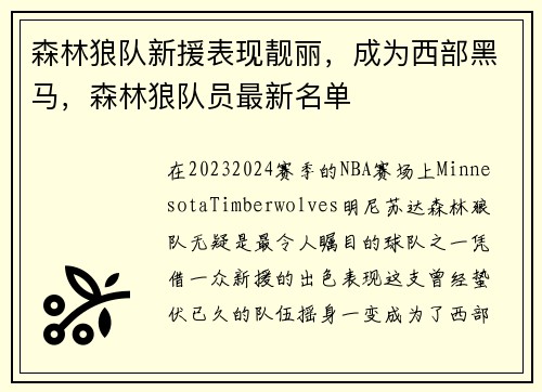 森林狼队新援表现靓丽，成为西部黑马，森林狼队员最新名单